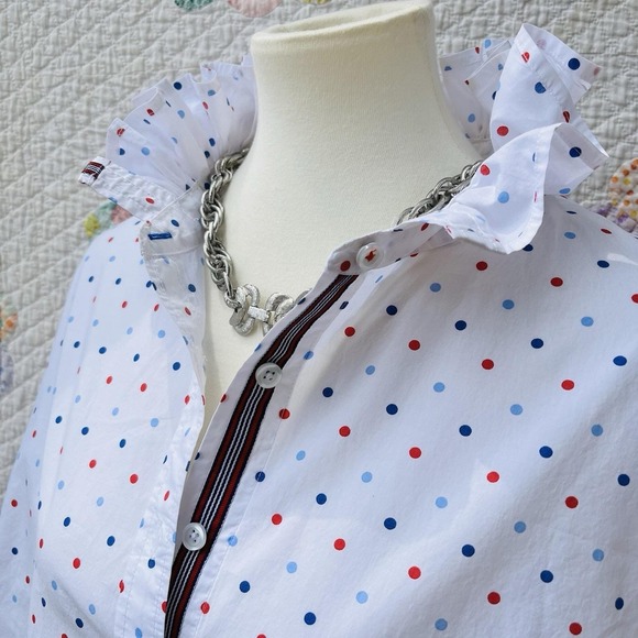 Talbots Tops - Upcycled Reworked Talbots White w/ Red & Blue Polka Dot Ruffle Collar Shirt 3XL